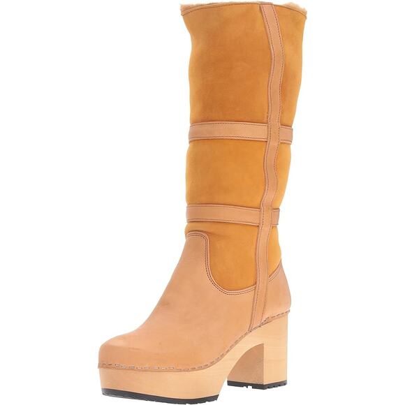 Swedish Hasbeens Hippy Shearling Lined Platform Wooden Heel Boots, 38 - Picture 1 of 10